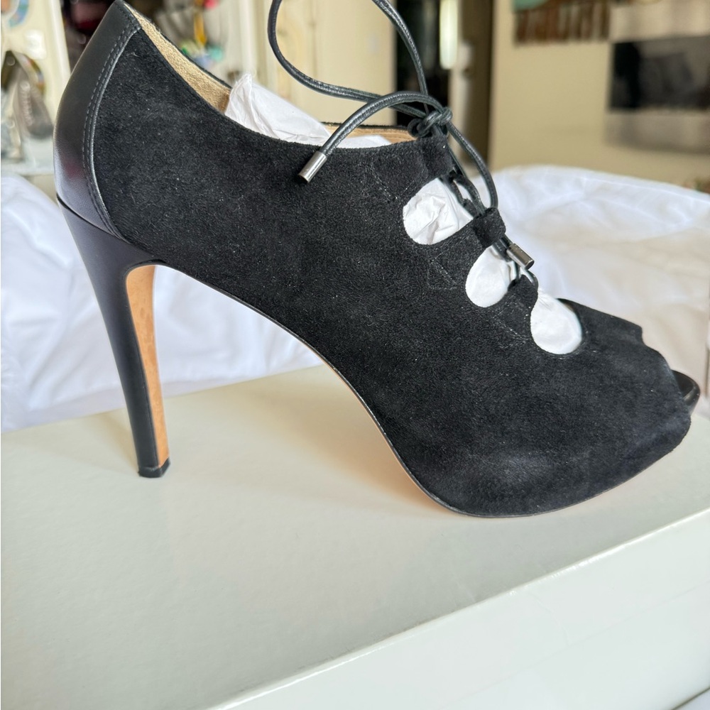 Talbots Black Suede Lace-Up Peep Toe High Heels